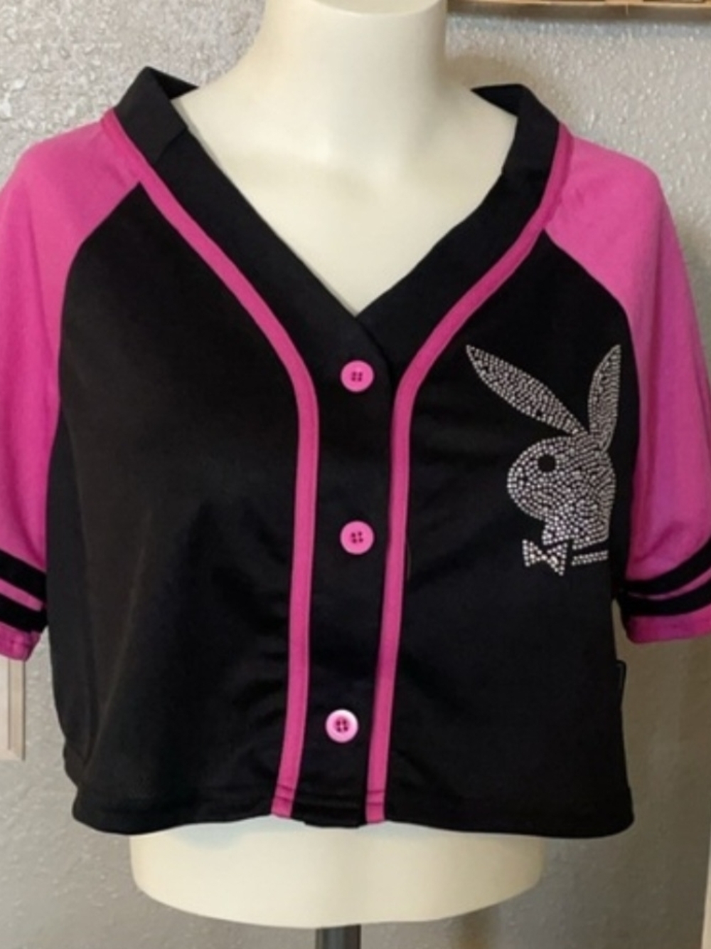 NWT PLAYBOY Black and Hot Pink Rhinestone Bunny Baseball Jersey. Size Small